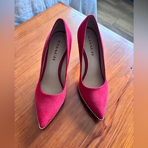 COACH Red Suede Pointed-Toe Pumps with Stud Trim—New, never worn